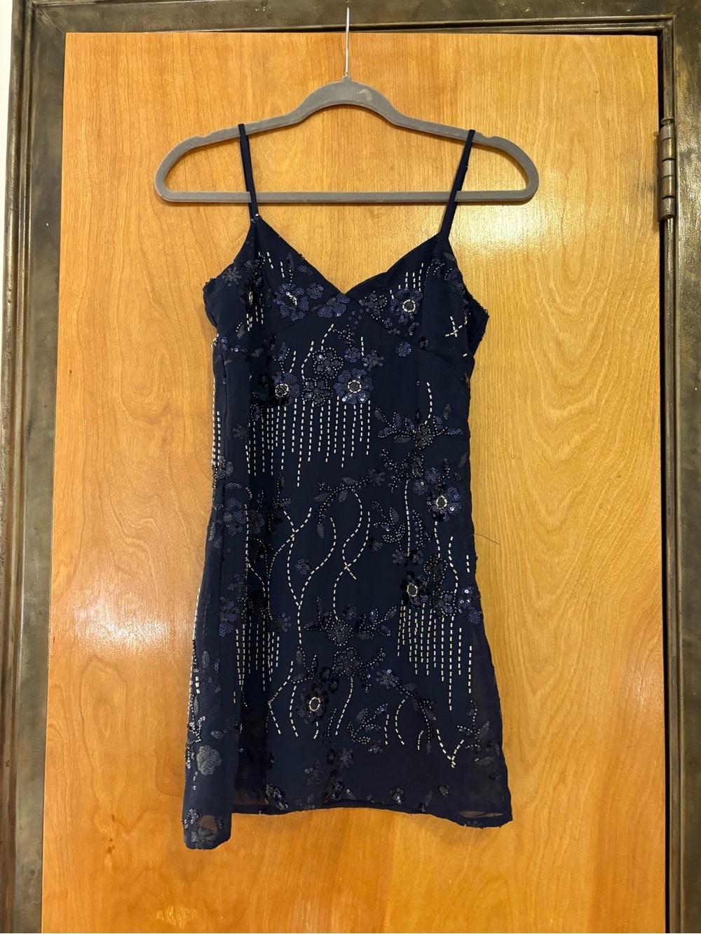 Beaded Navy Spaghetti-Strap Mini Dress